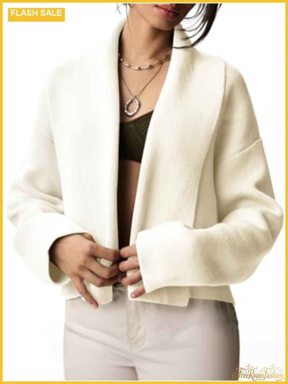 Women's Cropped Cardigan Sweater Shawl Collar Open Front Long Sleeve Knit